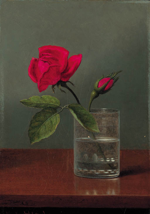 Heade - Red Rose and a bud in a Tumbler on a Shiny